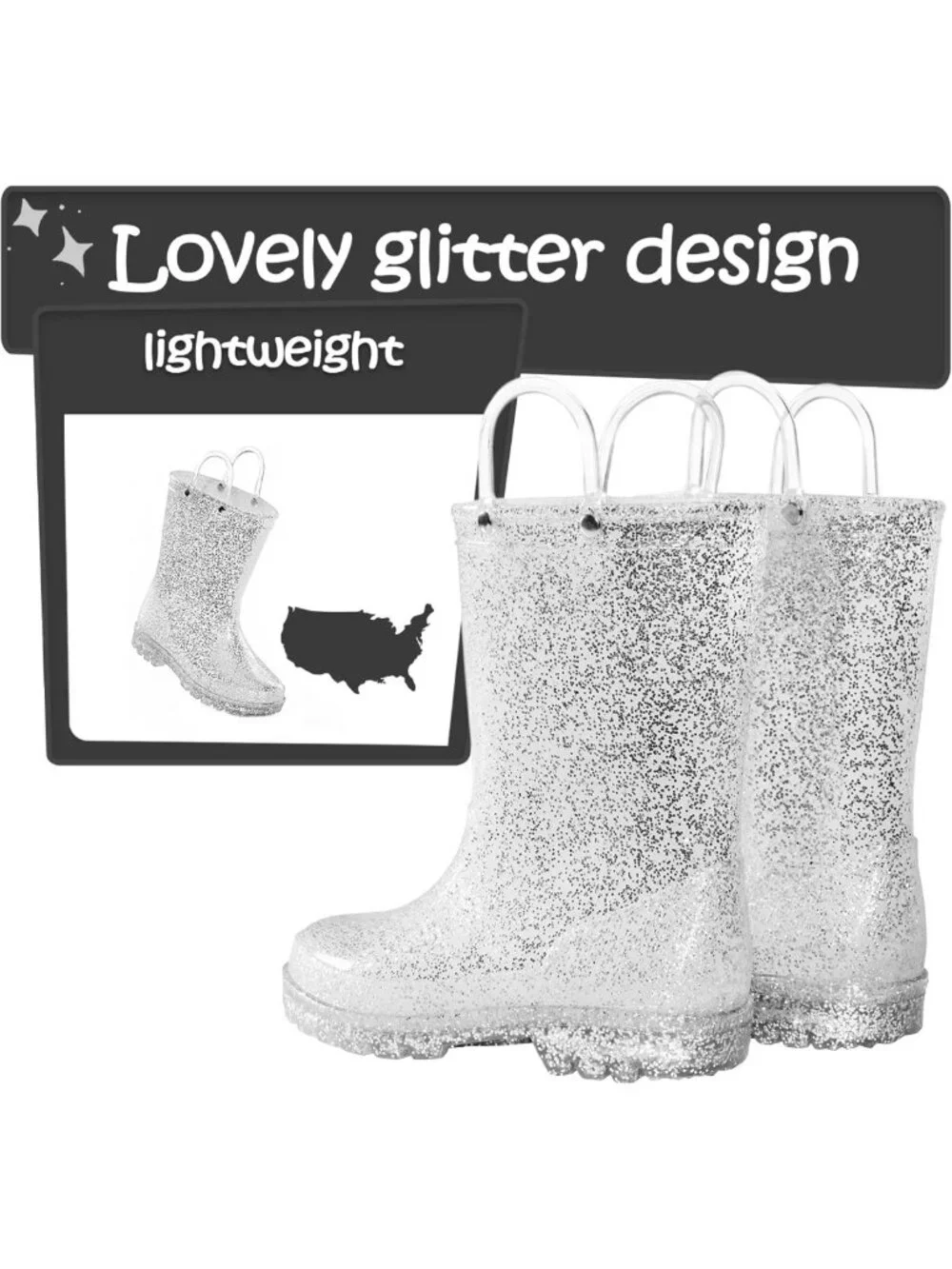 Glitter Waterproof Girls' Rain Boots with Easy-On Handles for Kids